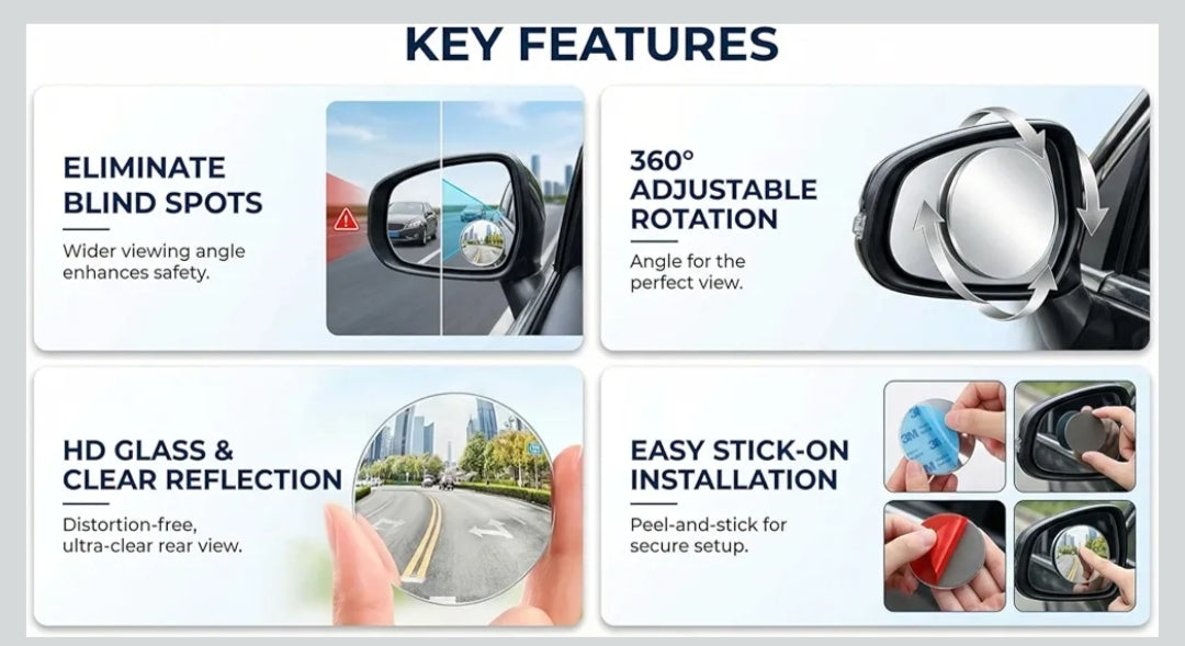 2 PCS Car Blind Spot Mirror – 360° HD Wide Angle (See Both Sides Clearly)